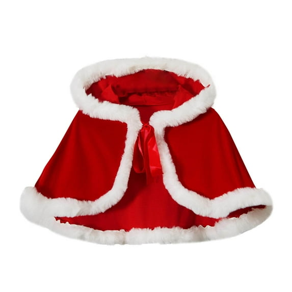 SuTry Girls Solid Color Hooded Cape Dress Plush Christmas Performance Fleece Lined Holiday Party Cloak Outfit for Kids 5-15 Years(Red,Free Size)