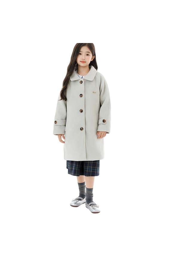 Girls Solid Color Hooded Toggle Button Overcoat Long Thermal Fall Winter Warm Fleece-Lined Outerwear Everyday Jacket for Kids 5-15 Years(Gray,5-6 Years)