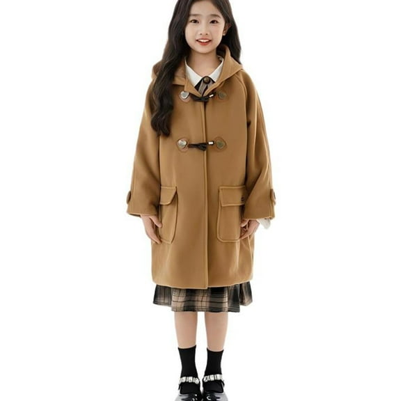 SuTry Girls Solid Color Hooded Toggle Button Overcoat Long Thermal Fall Winter Warm Fleece-Lined Outerwear Everyday Jacket for Kids 5-15 Years(Yellow,13-14 Years)