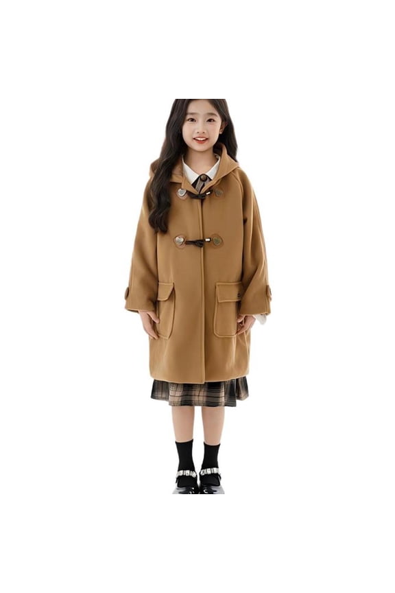 Girls Solid Color Hooded Toggle Button Overcoat Long Thermal Fall Winter Warm Fleece-Lined Outerwear Everyday Jacket for Kids 5-15 Years(Yellow,7-8 Years)