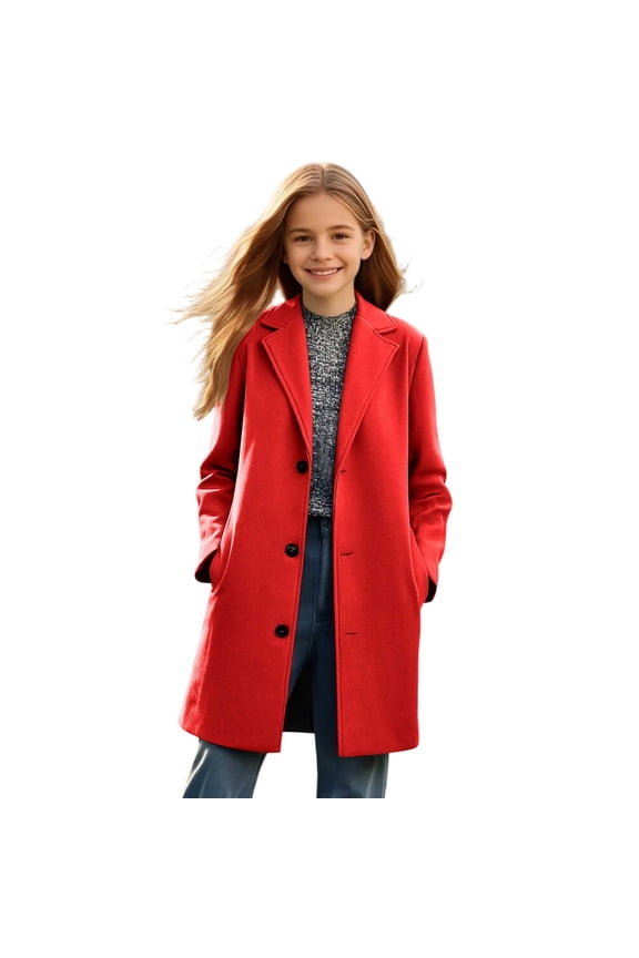 Girls Solid Color Long Wool Coat Lapel Button Outerwear with Pockets Fall Winter Vacation Casual Wear for Kids 5-14 Years(Red,7 Years)