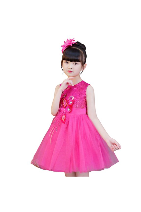 Girls Solid Color Sequin Dress Set Round Neck Sleeveless with Headband Mesh Childrens Outfit Party Set for Kids 3-15 Years(Hot Pink#1,5 Years)