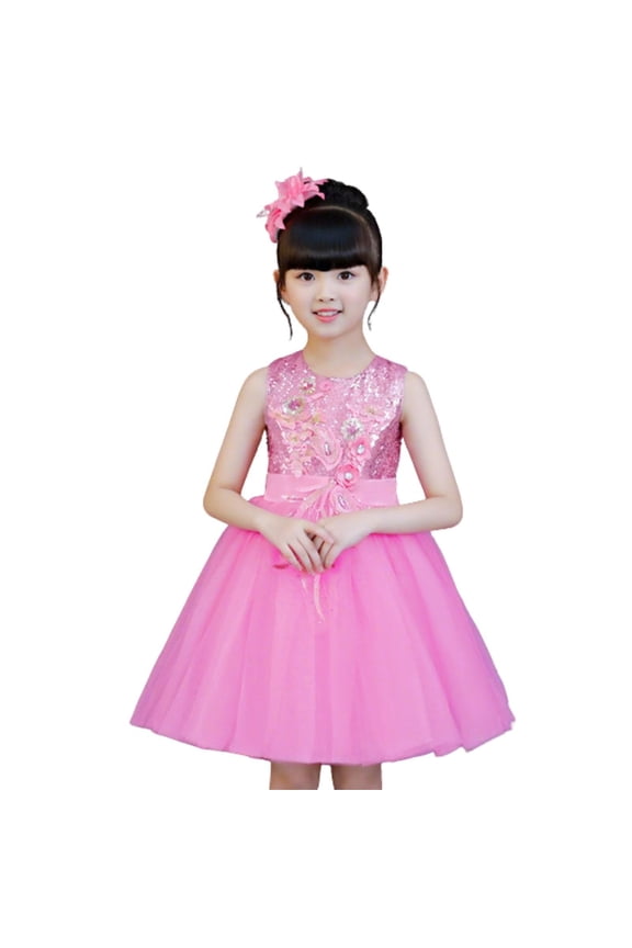 Girls Solid Color Sequin Dress Set Round Neck Sleeveless with Headband Mesh Childrens Outfit Party Set for Kids 3-15 Years(Pink#1,5 Years)