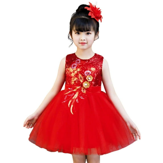 SuTry Girls Solid Color Sequin Dress Set Round Neck Sleeveless with Headband Mesh Childrens Outfit Party Set for Kids 3-15 Years(Red#1,14 Years)