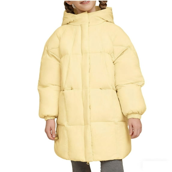 SuTry Girls Solid Color Thickened Hooded Windproof Down Cotton Jacket Warm Fall Winter Coat Outerwear for Kids 3-10 Years(Yellow,12-13 Years)