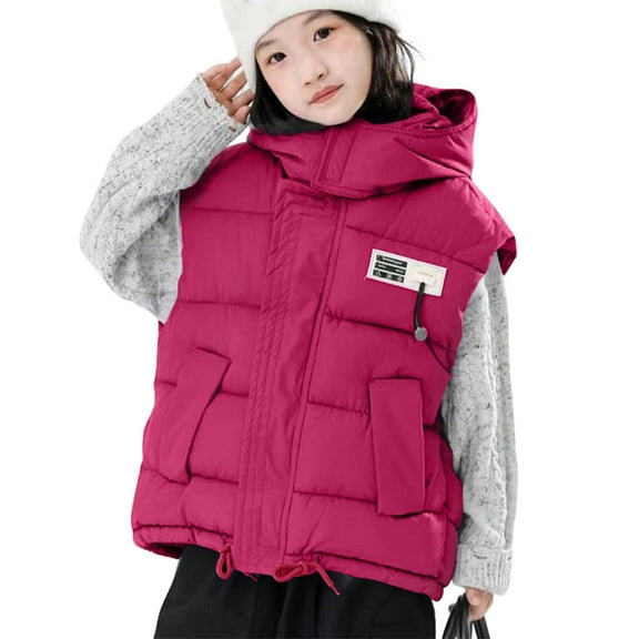 SuTry Girls Solid Color Thickened Sleeveless Hooded Windproof Down Cotton Jacket Warm Fall Winter Vest Coat Outerwear for Kids 3-12 Years(Hot Pink,9 Years)