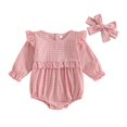 thumbnail image 1 of SuTry Girls' Spring Summer Fashion Casual Plaid Long Sleeved Flying Sleeve Rompers with Bow Headband Plaid Pattern for Style(Pink,0 Months), 1 of 2