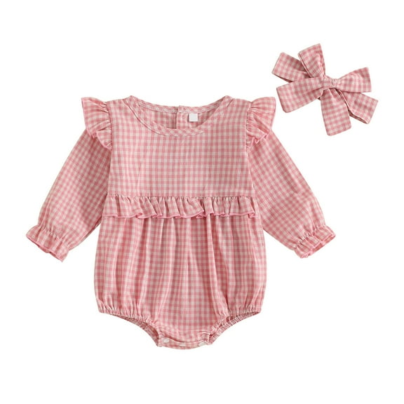 SuTry Girls' Spring Summer Fashion Casual Plaid Long Sleeved Flying Sleeve Rompers with Bow Headband Plaid Pattern for Style(Pink,3 Months)