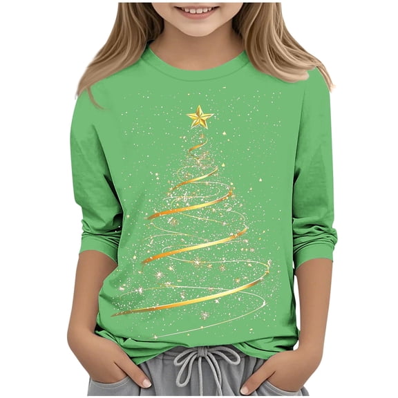 SuTry Kids Christmas Shirts 3/4 Length Sleeve Hoodless Tops Funny Christmas Print Crew Neck Holiday Tops Pullover for Children 3-12 Years(Red#2,9-10 Years)