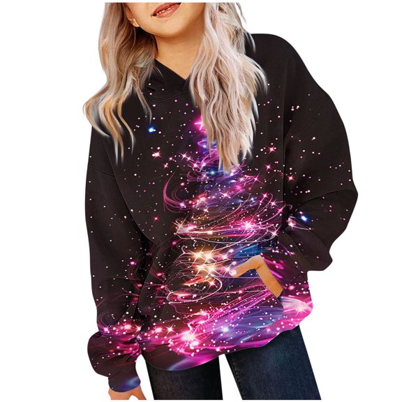 SuTry Kids Christmas Shirts Long Sleeve Hooded Tops with Pockets Funny Christmas Print Crew Neck Holiday Tops Pullover for Children 2-14 Years(Pink,7-8 Years)