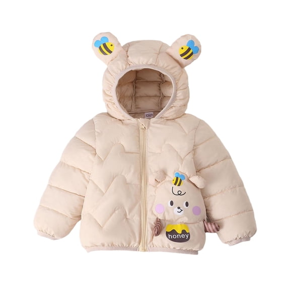 SuTry Kids Cute Bear Print Hooded Jacket Lightweight Thermal-Lined Pockets Winter Cozy Long Sleeve Jacket Everyday Wear for Boys Girls 1-8 Years(Beige,1-2 Years)