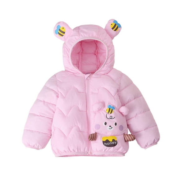 SuTry Kids Cute Bear Print Hooded Jacket Lightweight Thermal-Lined Pockets Winter Cozy Long Sleeve Jacket Everyday Wear for Boys Girls 1-8 Years(Pink,1-2 Years)
