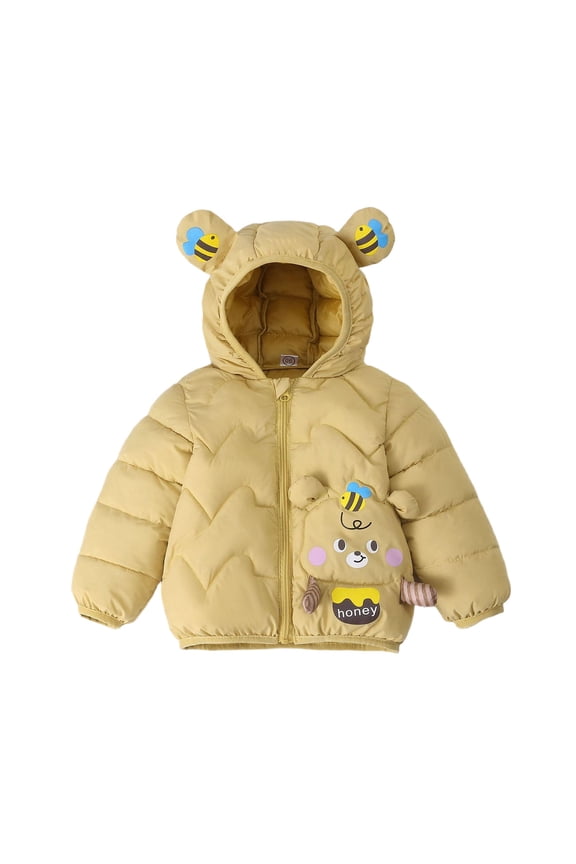 Kids Cute Bear Print Hooded Jacket Lightweight Thermal-Lined Pockets Winter Cozy Long Sleeve Jacket Everyday Wear for Boys Girls 1-8 Years(Yellow,2-3 Years)