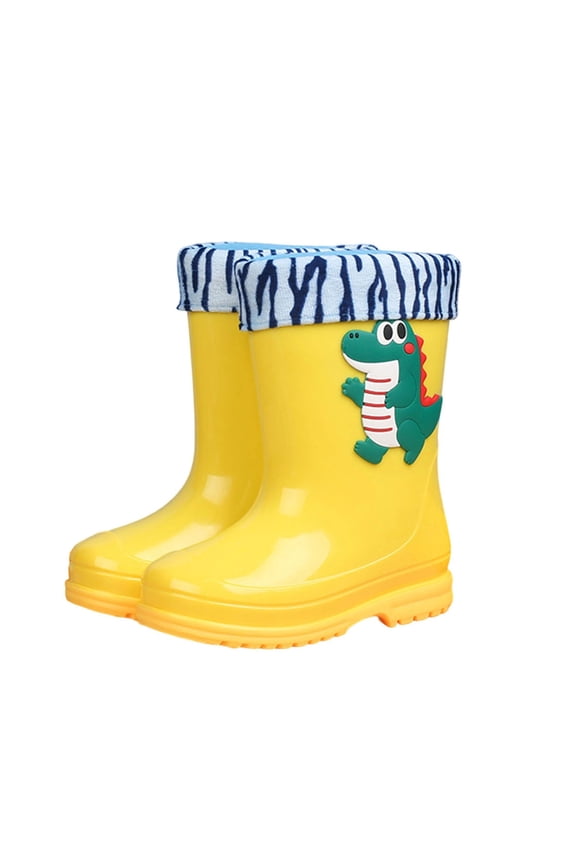 Kids Dinosaur Print Fleece Lined Rain Boots Waterproof Non-Slip PVC Wellies for Toddlers 1-8 Years Warm Short Tube Water Shoes for Boys Girls Indoor Outdoor Use