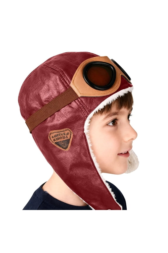 Kids Hat Retro Wide Trapper Hat Faux-Leather Ear Fleece-Lined Windproof Fall Winter Warm Cap(Red,2-8 Years)