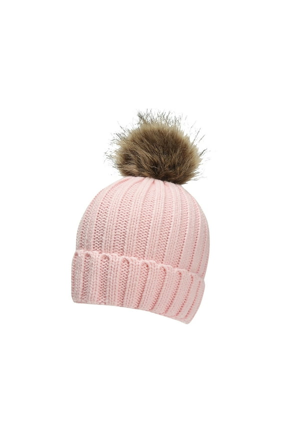 Kids Hat Solid Color Knit Beanie Hat Thermal Fleece-Lined Winter Warm Cuffed Hat with Pom-Pom Infant Everyday Cold Weather Comfortable Hat(Pink,4-12 Years)