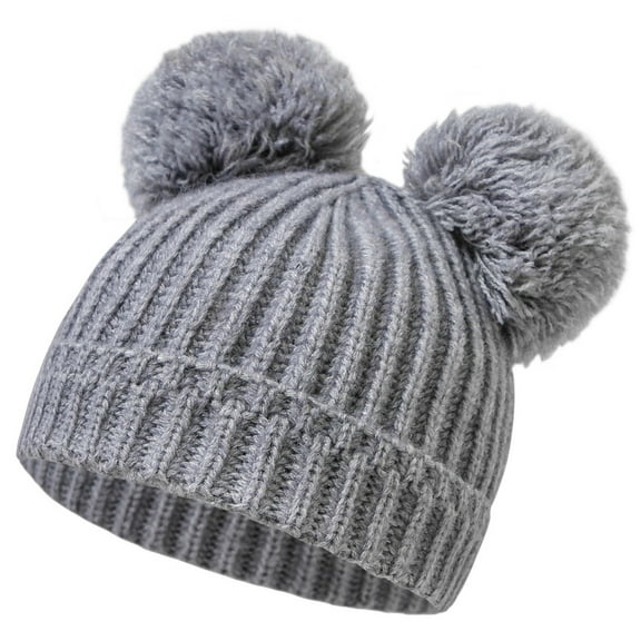 SuTry Kids Hat Solid Color Knit Beanie Thermal Fleece-Lined Winter Warm Cuffed Hat with Pom-Pom Infant Everyday Cold Weather Comfortable Hat(Gray,0-12 Months)