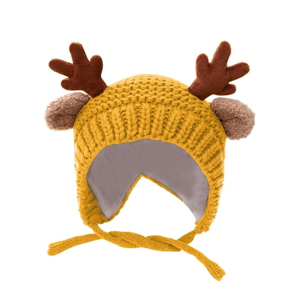 SuTry Kids Solid Color Knit Beanie with Cute Antlers Warm Fleece-Lined Winter Hat for Christmas Holiday Headwear(Yellow,3-30 Months)