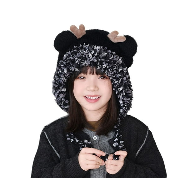 SuTry Kids Solid Color Knit Beanie with Cute Antlers Warm Plush Fleece-Lined Winter Hat for Christmas Holiday Headwear(Black,4-10 Years)