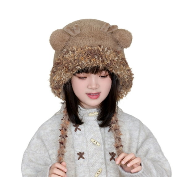 SuTry Kids Solid Color Knit Beanie with Cute Antlers Warm Plush Fleece-Lined Winter Hat for Christmas Holiday Headwear(Khaki,4-10 Years)