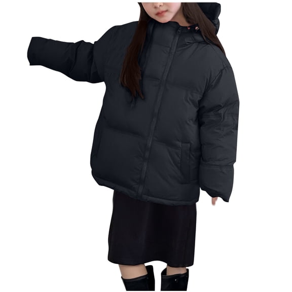 SuTry Kids Solid Color Thickened Hooded Windproof Down Cotton Jacket Warm Fall Winter Coat Outerwear for Children 5-15 Years(Black,5-6 Years)