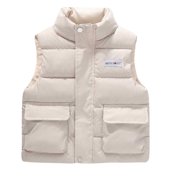 SuTry Kids Stand Collar Vest Thermal Fall Winter Fleece-Lined Puffer Vest Everyday Outerwear Sleeveless Jacket for Children 4-10 Years(Beige,4 Years)