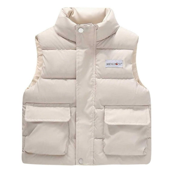 SuTry Kids Stand Collar Vest Thermal Fall Winter Fleece-Lined Puffer Vest Everyday Outerwear Sleeveless Jacket for Children 4-10 Years(Beige,4 Years)