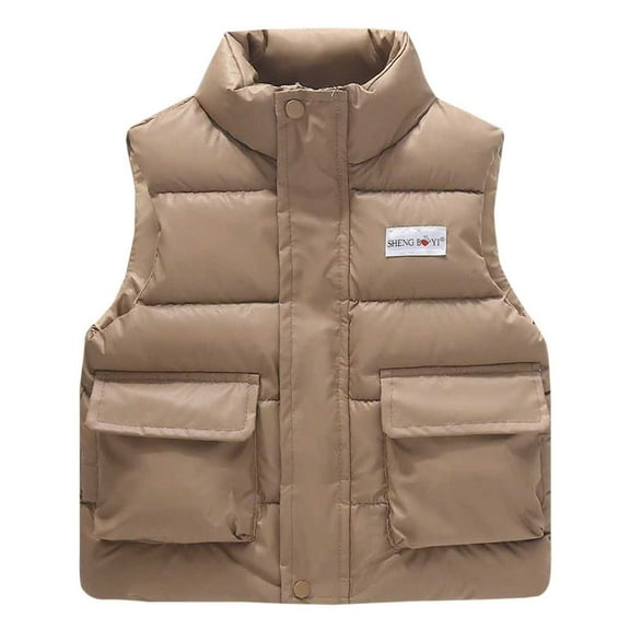 SuTry Kids Stand Collar Vest Thermal Fall Winter Fleece-Lined Puffer Vest Everyday Outerwear Sleeveless Jacket for Children 4-10 Years(Khaki,4 Years)