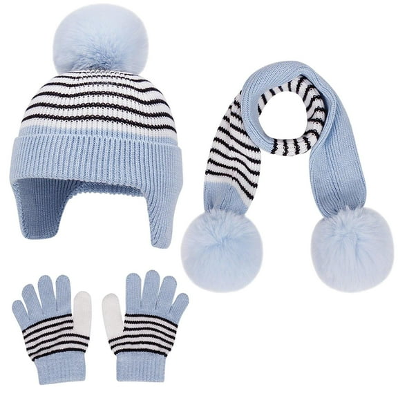 SuTry Kids Striped Knitted 3 Piece Set Fleece-Lined Cuffed Hat Scarf Gloves Outdoor Warm Fall Winter Comfortable Set(Blue,3-10 Years)
