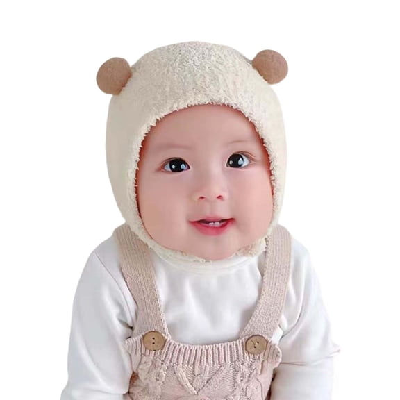 SuTry Kids Winter Knit Hat with Ear Protection Fleece-Lined Thermal Solid Color Fall Winter Cozy Infant Beanie Hat(Beige,3-8 Months)