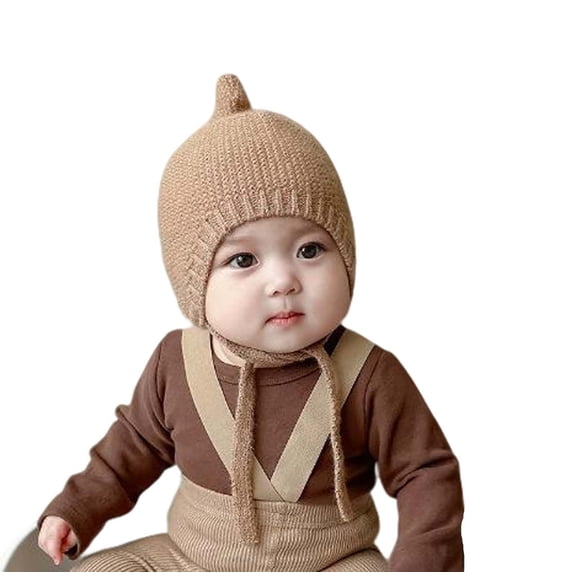 SuTry Kids Winter Knit Hat with Ear Protection Fleece-Lined Thermal Solid Color Fall Winter Cozy Infant Beanie Hat(Khaki,3-8 Months)