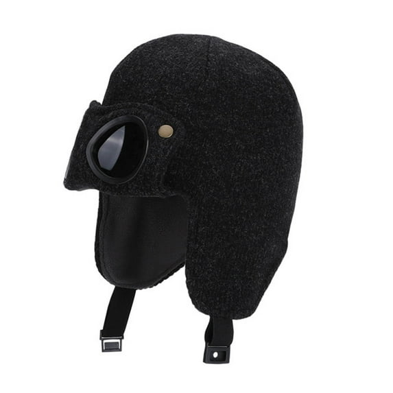 SuTry Kids Winter Trapper Hat with Goggles Plush Fleece-Lined Ear Protection Thermal Comfortable Fall Cold Weather Caps(Black,6-13 Years)