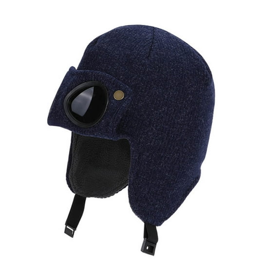 SuTry Kids Winter Trapper Hat with Goggles Plush Fleece-Lined Ear Protection Thermal Comfortable Fall Cold Weather Caps(Navy,6-13 Years)