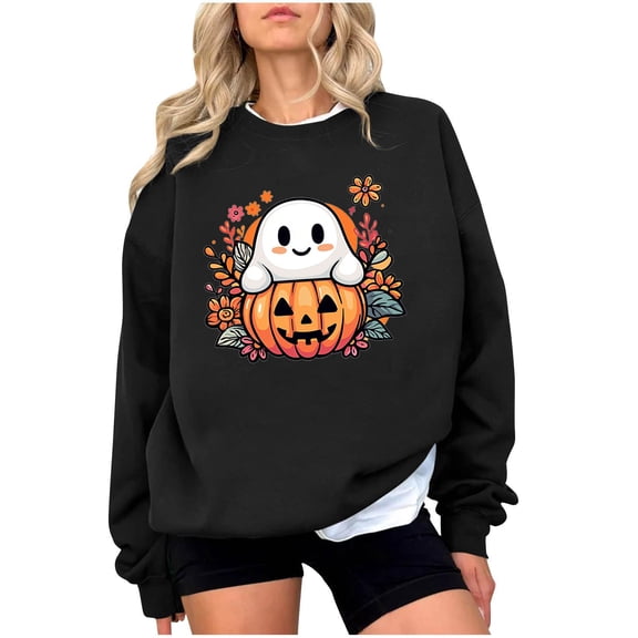 SuTry Ladies' Trendy Tops Cute Pumpkin Fashion Pattern Long Sleeve Loose Tops Hoodless Sweatshirts Blouses with Ribbed Cuffs Hem Detail(Black,L)