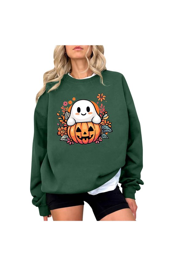 Ladies' Trendy Tops Cute Pumpkin Fashion Pattern Long Sleeve Loose Tops Hoodless Sweatshirts Blouses with Ribbed Cuffs Hem Detail(Green,S)