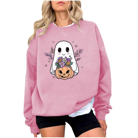 SuTry Ladies' Trendy Tops Cute Pumpkin Fashion Pattern Long Sleeve Loose Tops Hoodless Sweatshirts Blouses with Ribbed Cuffs Hem Detail(Pink#1,S)