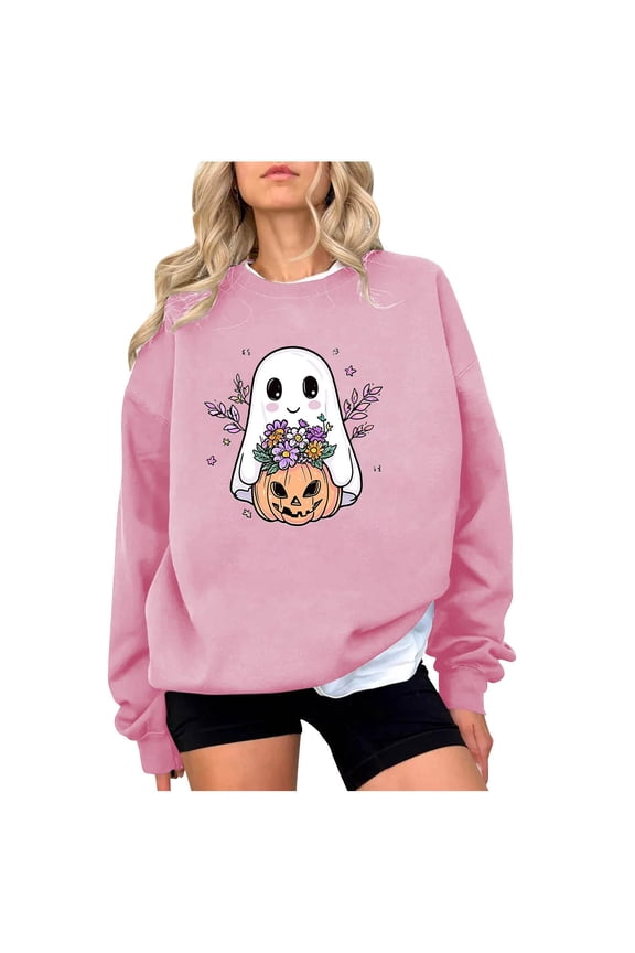 Ladies' Trendy Tops Cute Pumpkin Fashion Pattern Long Sleeve Loose Tops Hoodless Sweatshirts Blouses with Ribbed Cuffs Hem Detail(Pink#1,S)