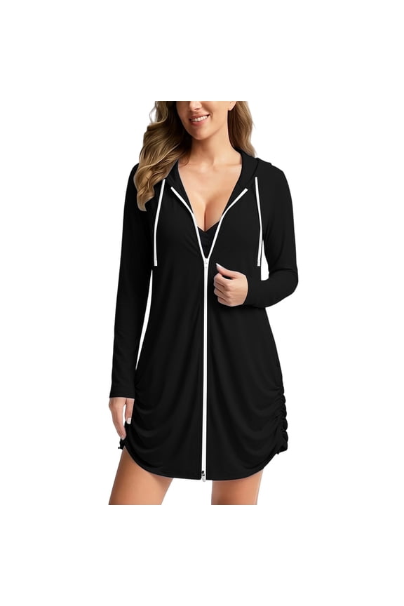 Long Hooded Sun Protection Jacket Full Zip Sun Cover Up with Side Pockets Drawstring Hem for Women Beach Pool Vacation Jacket