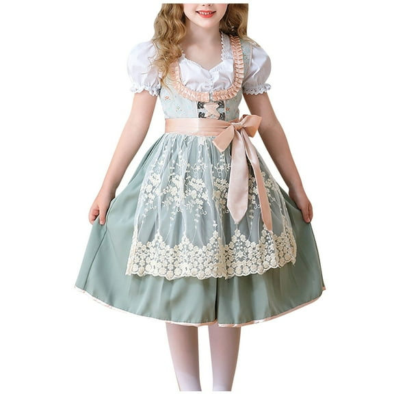 SuTry Medium-Large Children's Lace Short-Sleeved Dress Suit Beer Festival Maid Style Princess Lace Dress 1pc Dress,1pc Apron,1pc Tops(Green,5 Years)
