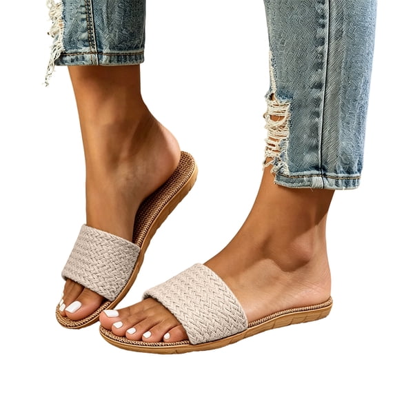 SuTry Men Herringbone Woven Linen Slide Sandals Flat EVA Sole Breathable Open Toe Indoor Outdoor Beach Summer Casual Slippers
