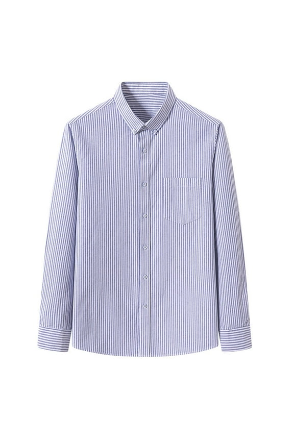 Men's Button down Shirt Button Closure Standup Collar Long Sleeves with Buttoned Cuffs Chest Pocket Classic Stripe for Leisure(Blue,S)