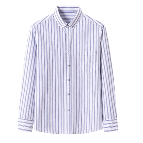 SuTry Men's Button down Shirt Button Closure Standup Collar Long Sleeves with Buttoned Cuffs Chest Pocket Classic Stripe for Leisure(White#2,L)