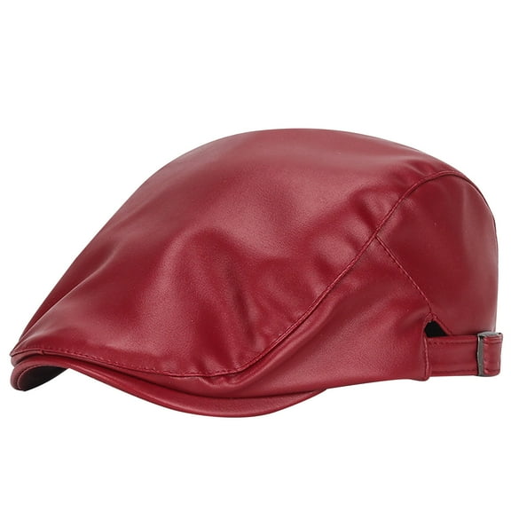 SuTry Men's Casual Solid Leather Beret Fashion All Match Vintage Couple Forward Hat Leather Material Adds Durability Casual and Looks ﻿(Red,Free Size)