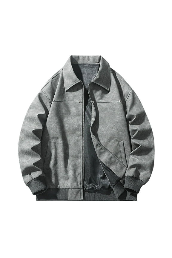 Men's Casual Workwear Jacket Flip Collar Solid Color Locomotive Leather Style Coats Long Sleeved Suitable for Casual Wear Blouse(Gray,4XL)