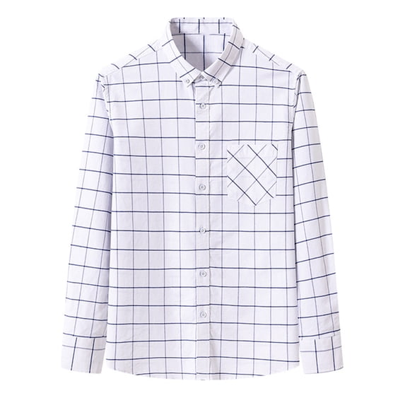 SuTry Men's Classic Button Down Shirt Stand Collar Chest Pocket Checkered Pattern Long Sleeves with Button Cuffs Regular Office Wearing(White,M)