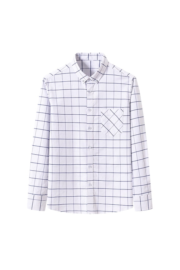 Men's Classic Button Down Shirt Stand Collar Chest Pocket Checkered Pattern Long Sleeves with Button Cuffs Regular Office Wearing(White,S)