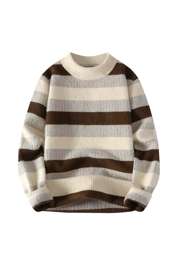 Men's Elastic Knit Sweaters Casual Fall Winter Striped Color Block Warm Round Neck Styles Suitable for Cold Weather Wearing(Khaki,L)