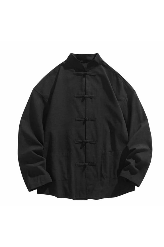 Men's Leisure Tops Fall Vintage Chinese Solid Color Mandarin-Collar Long Sleeved Jacket String Closure with Pocket for Daily Wearing(Black,XL)