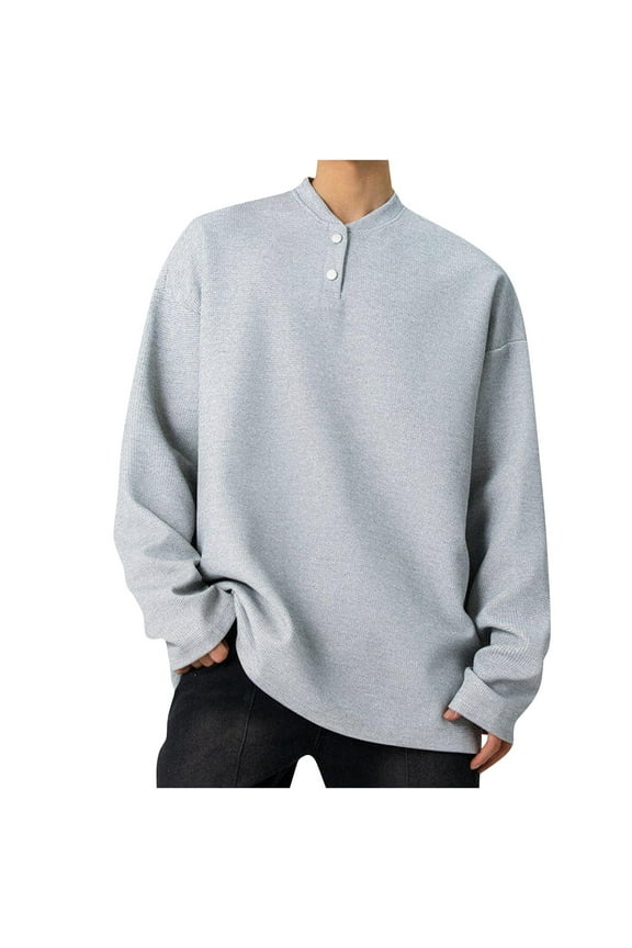 Men's Loose Solid Color Shirt with Classic Flat Collar Partial Button Placket Long Sleeves Comfy Knit Fabric Versatile Easy to Pair(Gray,L)