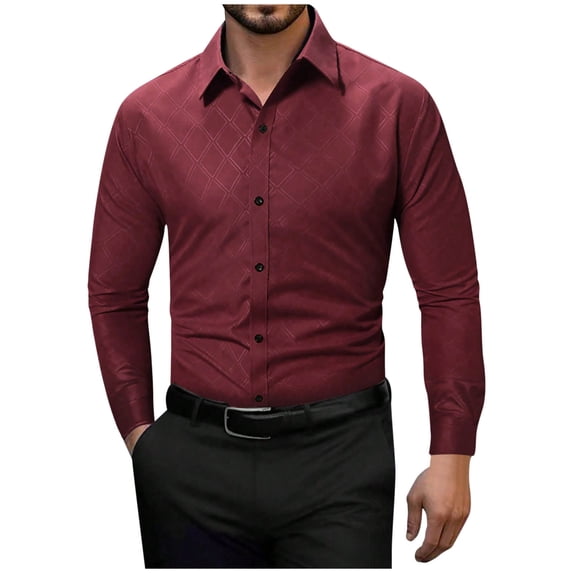 SuTry Men's Solid Color Business Casual Long Sleeved Shirts Fashionable Casual Outerwear Lapel Tops Suitable for Business Woking (Wine#2,M)